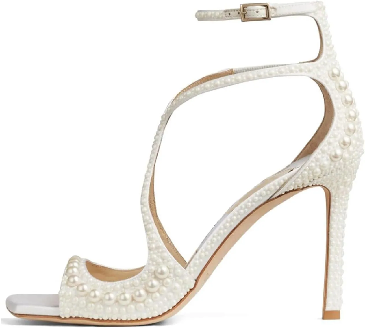 Goolita Womens Peep Toe Stiletto Heeled Sandals Shiny Pearl Buckle Ankle Strap Wedding Pumps Dress Evening Bride Bridal Shoes