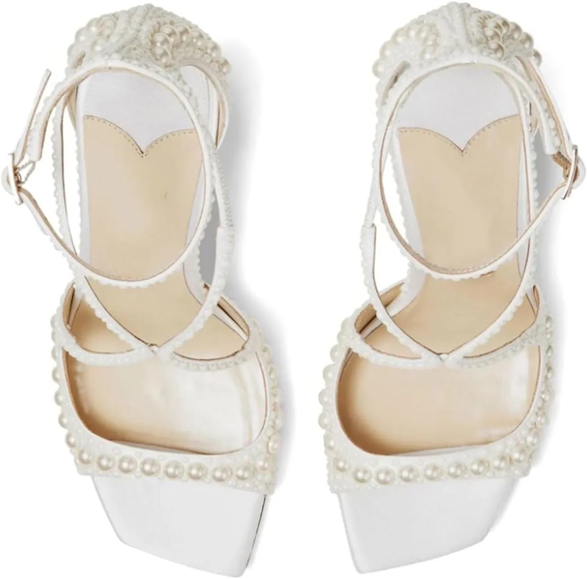 Goolita Womens Peep Toe Stiletto Heeled Sandals Shiny Pearl Buckle Ankle Strap Wedding Pumps Dress Evening Bride Bridal Shoes