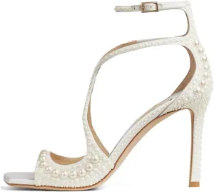 Goolita Womens Peep Toe Stiletto Heeled Sandals Shiny Pearl Buckle Ankle Strap Wedding Pumps Dress Evening Bride Bridal Shoes