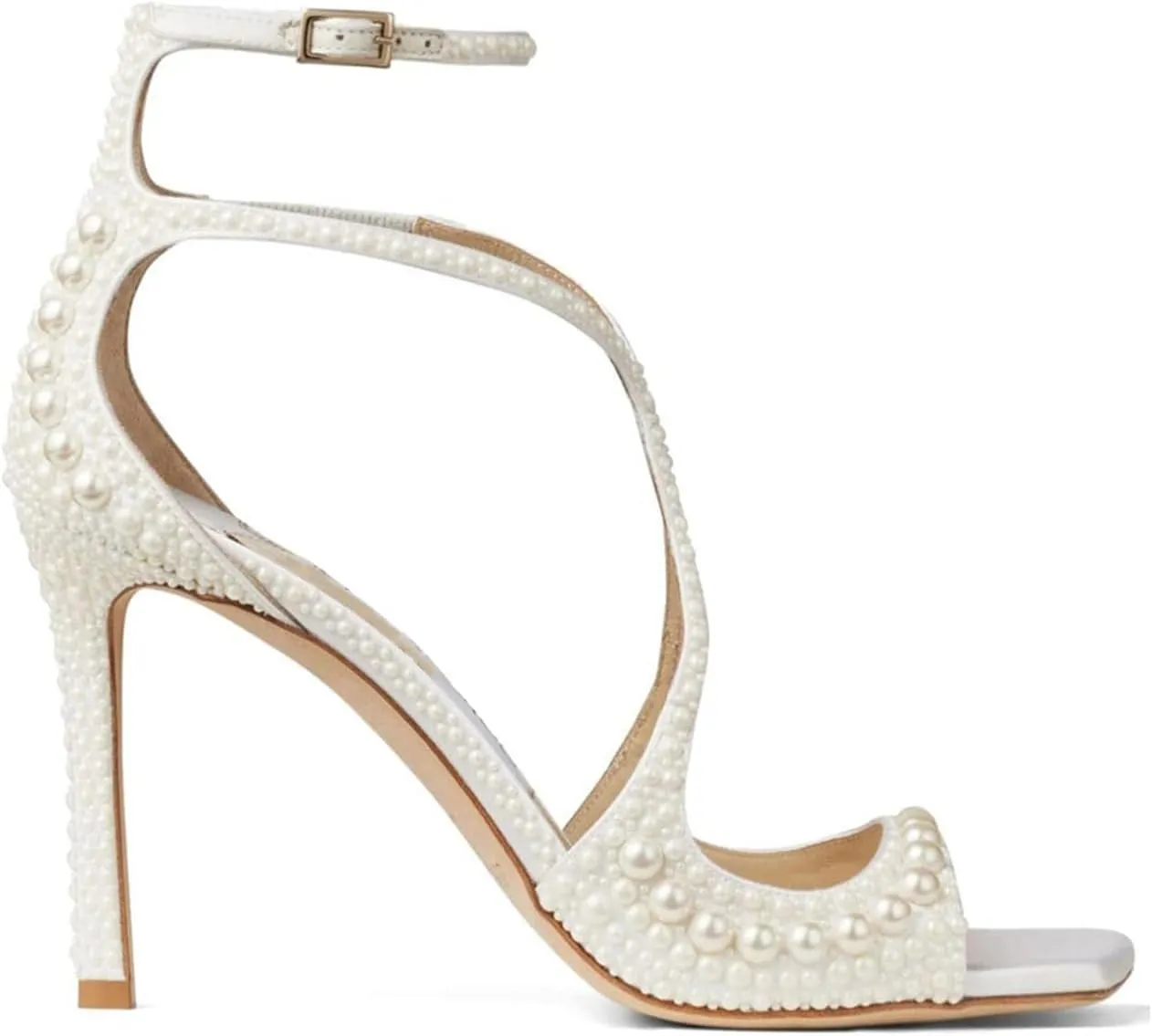 Goolita Womens Peep Toe Stiletto Heeled Sandals Shiny Pearl Buckle Ankle Strap Wedding Pumps Dress Evening Bride Bridal Shoes