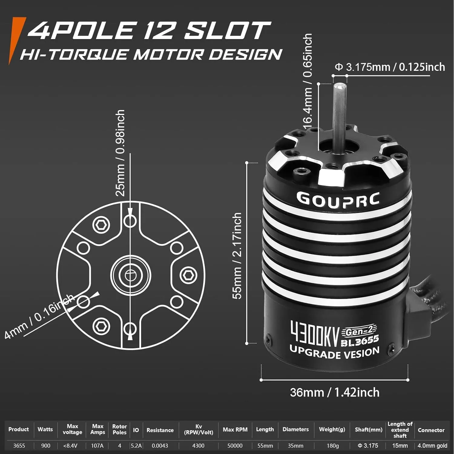 GOUPRC BL3655 4300KV Brushless Motor Shaft 3.175mm Diameter with Upgrade Gen-2 60A Brushless ESC Electric Speed Controller Combo Set for 1/10 1/12 RC Car Truck