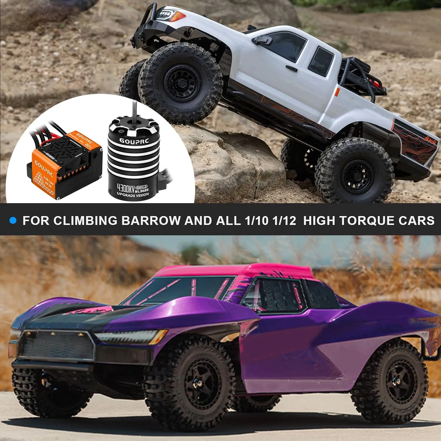 GOUPRC BL3655 4300KV Brushless Motor Shaft 3.175mm Diameter with Upgrade Gen-2 60A Brushless ESC Electric Speed Controller Combo Set for 1/10 1/12 RC Car Truck