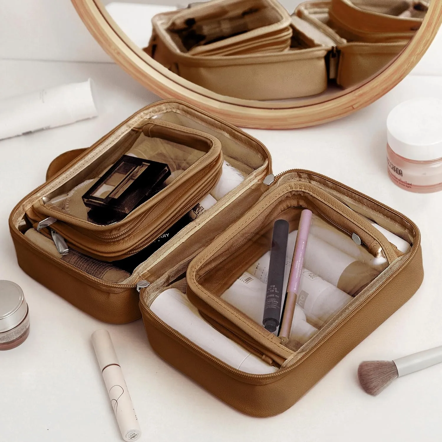 GRANNY SAYS TSA Approved Toiletry Bag, Clear Makeup Bag, Travel Toiletry Bags for Women, Leather Travel Cosmetic Bags, Portable PVC Waterproof Bag, Large Makeup Organizer, Brown