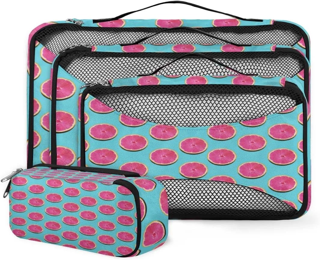Grapefruit Pink Flesh 4 Piece Packing Travel Organizer Cubes Set Mesh Fabric Ventilate Design Lightweight Travel Accessories 4 Sizes (Extra Large, Large, Medium, Small)
