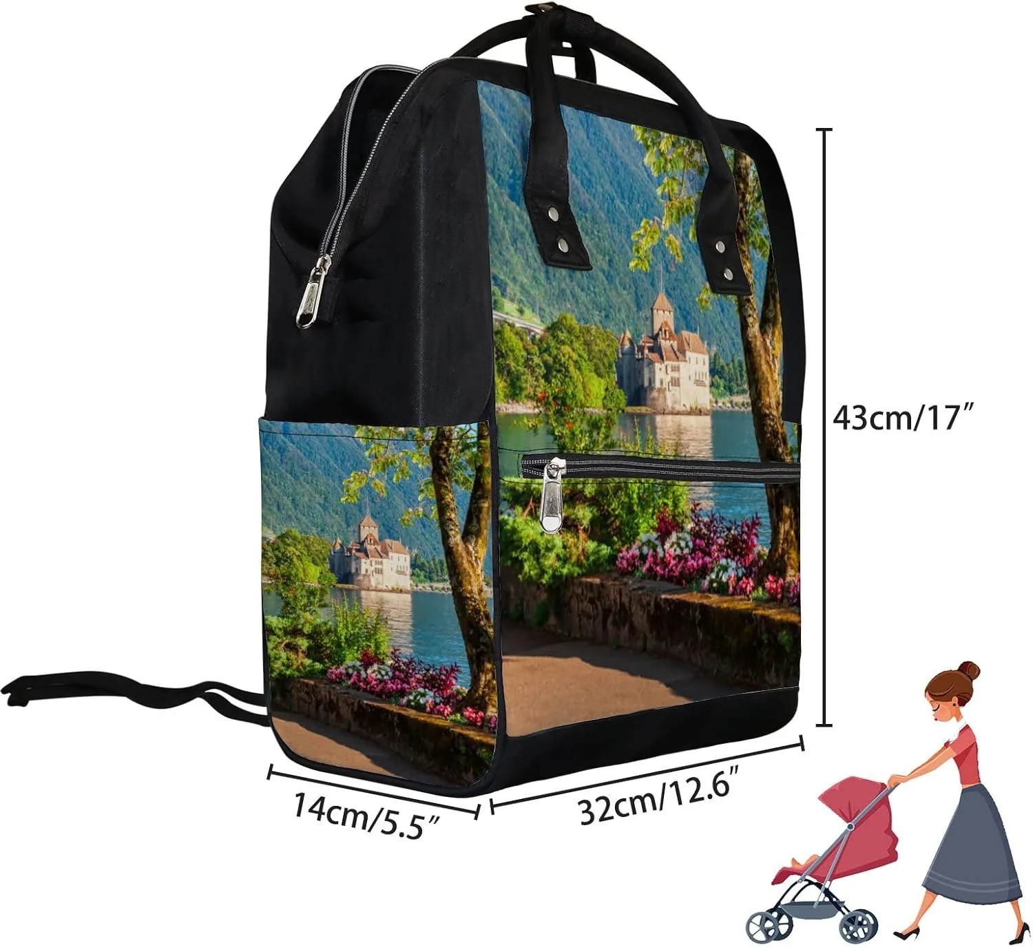 Green Chillon Chateau Diaper Bag Backpack, waterproof backpack Baby Nappy Changing Bags Laptop Backpack for Travel, Large Capacity, Durable and Stylish for Woman and Men.