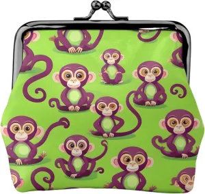 Green Clever Monkey print Coin Purse with Kiss Lock Buckle Small Change Purse Card Holder Coin Pouch for Women