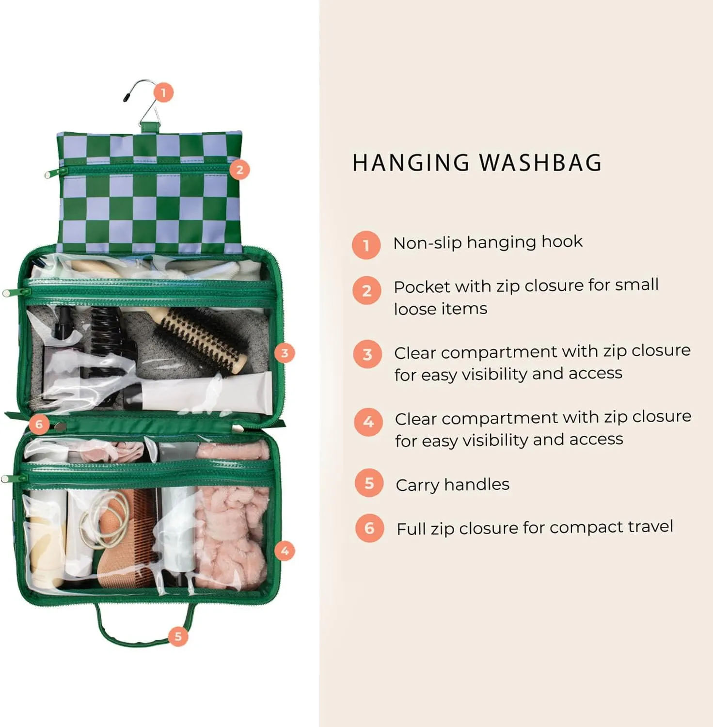 Green Gambit Checkered Hanging Travel Bag, Toiletry Bag, Makeup Bag for Women, Portable Water-resistant Small Travel Bag for Toiletries & Cosmetic Essentials