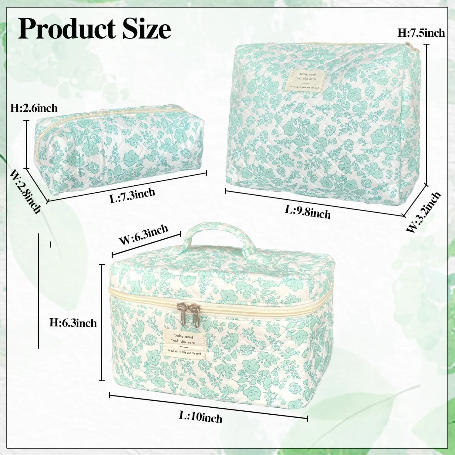 Green Large Quilted Floral Makeup Bag Set of 3 Cute Coquette Aesthetic Cosmetic Bag Set Travel Toiletry Bag for Women
