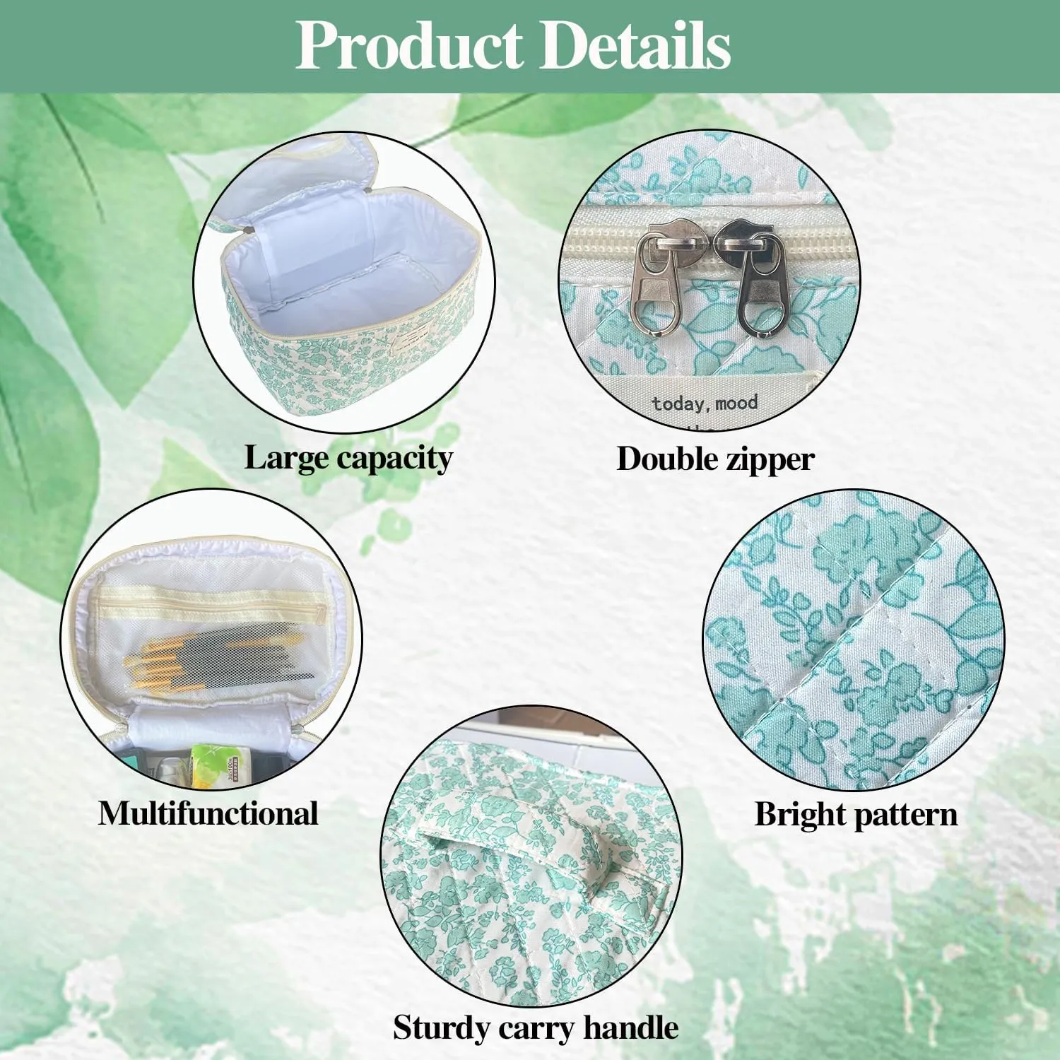 Green Large Quilted Floral Makeup Bag Set of 3 Cute Coquette Aesthetic Cosmetic Bag Set Travel Toiletry Bag for Women