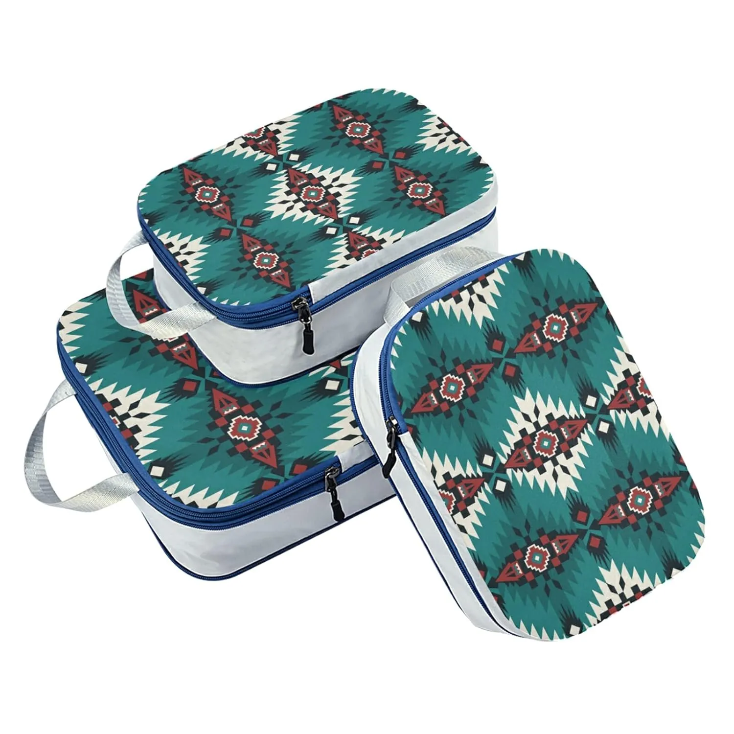 Green Red White Native American Indian Southwest Aztec Ethnic Tribal 3 Piece set Cubes Expandable Adjustable Luggage Packing Bags, Ultralight Organizer Accessories Travel Suitcase Compressible Bags