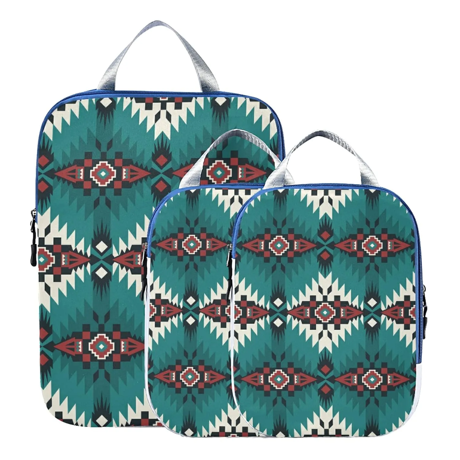 Green Red White Native American Indian Southwest Aztec Ethnic Tribal 3 Piece set Cubes Expandable Adjustable Luggage Packing Bags, Ultralight Organizer Accessories Travel Suitcase Compressible Bags