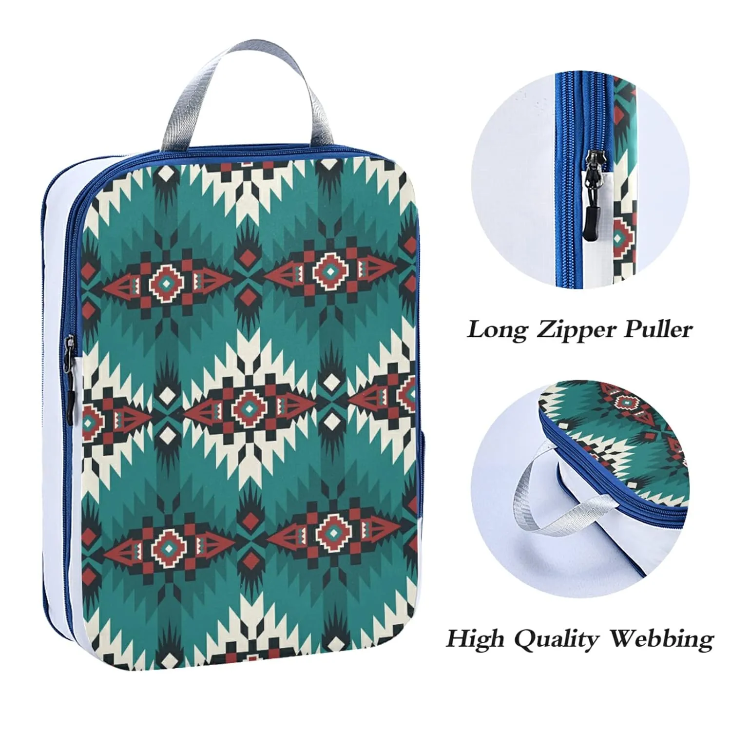 Green Red White Native American Indian Southwest Aztec Ethnic Tribal 3 Piece set Cubes Expandable Adjustable Luggage Packing Bags, Ultralight Organizer Accessories Travel Suitcase Compressible Bags