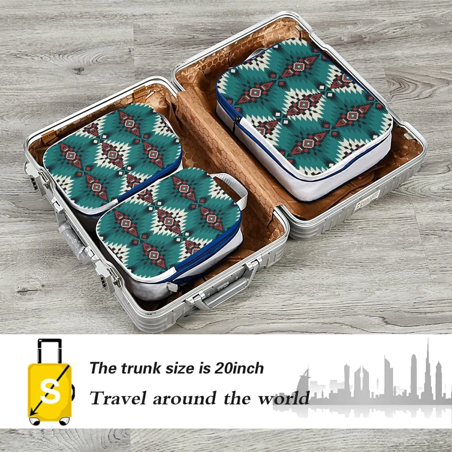 Green Red White Native American Indian Southwest Aztec Ethnic Tribal 3 Piece set Cubes Expandable Adjustable Luggage Packing Bags, Ultralight Organizer Accessories Travel Suitcase Compressible Bags