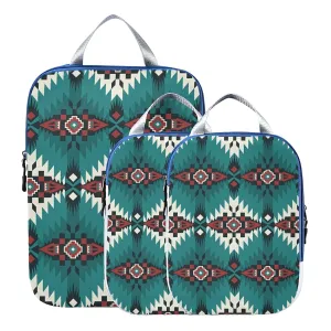 Green Red White Native American Indian Southwest Aztec Ethnic Tribal 3 Piece set Cubes Expandable Adjustable Luggage Packing Bags, Ultralight Organizer Accessories Travel Suitcase Compressible Bags