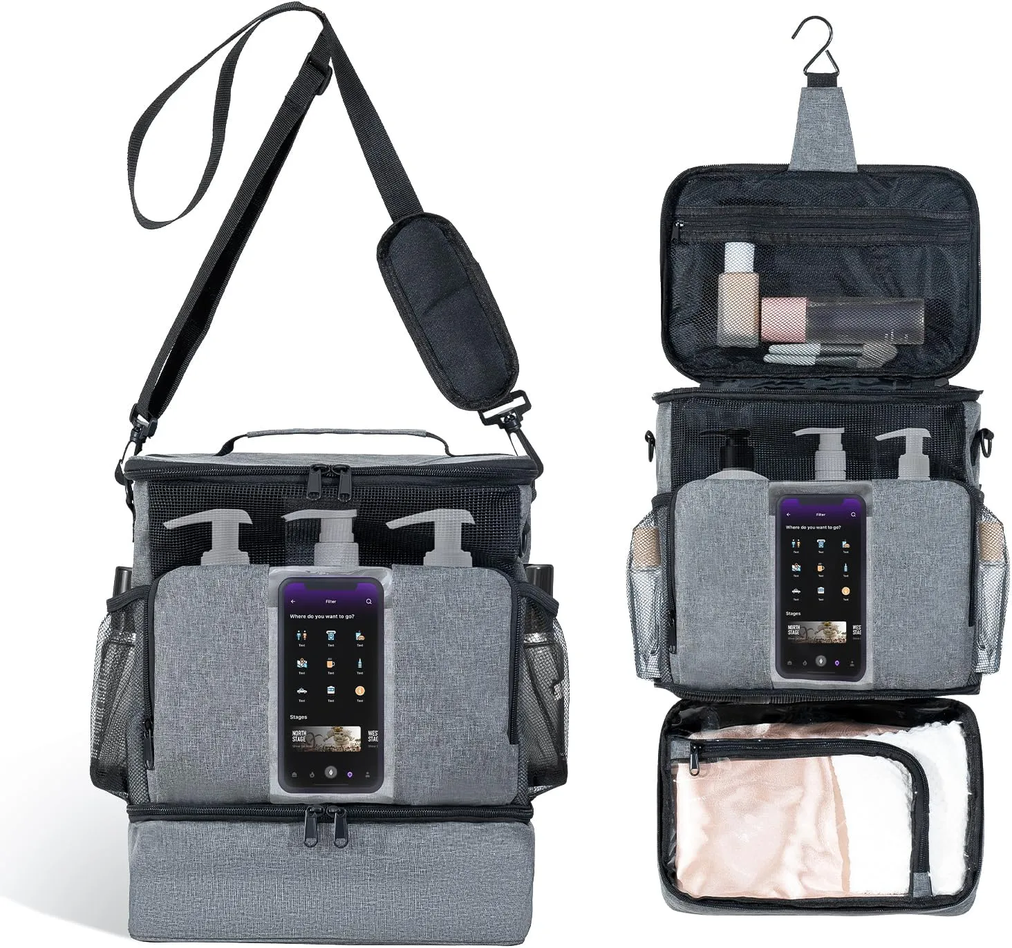 Grey Portable Mesh Shower Organizer – Hanging Toiletry Bag with Handles & Strap, Quick-Dry for Bathroom, Gym, Travel, Camping & College Dorms