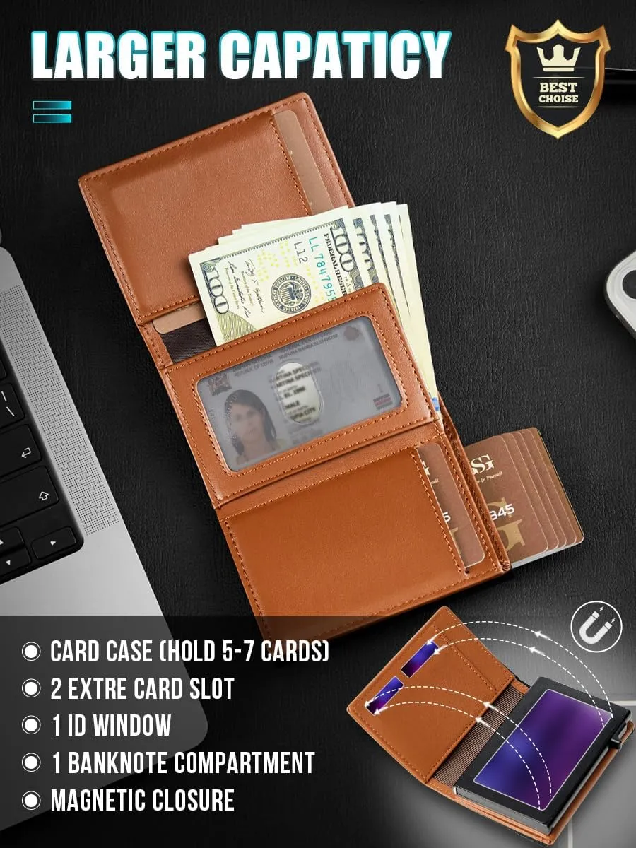 GSG Mens Leather Wallet Pop Up Card Holder Slim RFID Blocking Smart Card Case 9-12 Card Capacity | ID Window | Cash Slot (Brown)