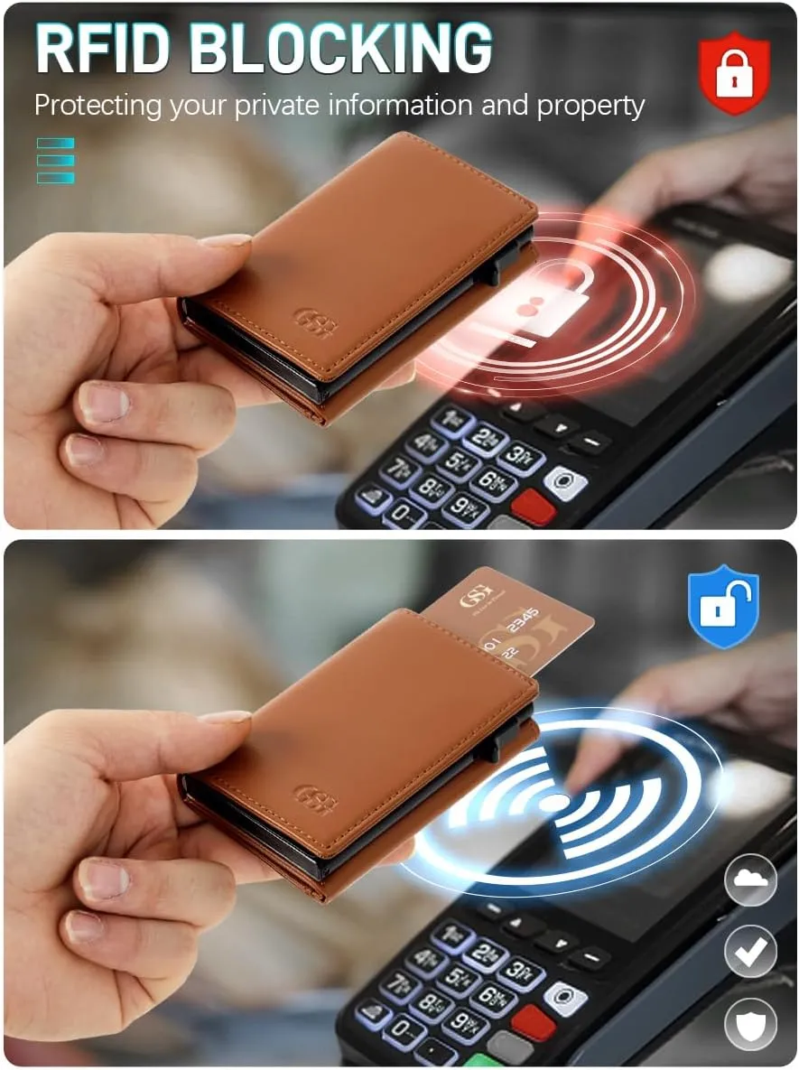 GSG Mens Leather Wallet Pop Up Card Holder Slim RFID Blocking Smart Card Case 9-12 Card Capacity | ID Window | Cash Slot (Brown)