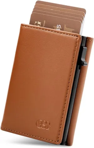 GSG Mens Leather Wallet Pop Up Card Holder Slim RFID Blocking Smart Card Case 9-12 Card Capacity | ID Window | Cash Slot (Brown)