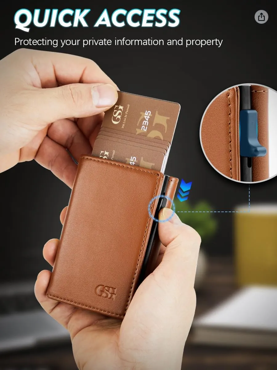 GSG Mens Leather Wallet Pop Up Card Holder Slim RFID Blocking Smart Card Case 9-12 Card Capacity | ID Window | Cash Slot (Brown)