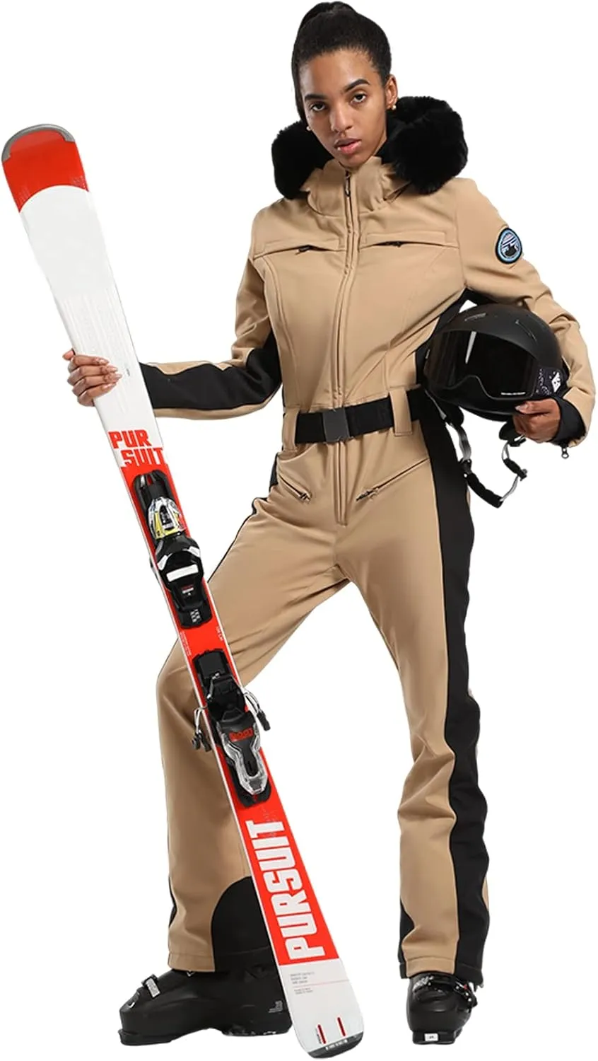 GSOU SNOW Ski Suit Womens One Piece Snowsuit Snowboard Jacket Slim Snow Jumpsuit Faux Fur Ski Outfit Waterproof Windproof