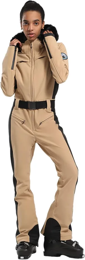 GSOU SNOW Ski Suit Womens One Piece Snowsuit Snowboard Jacket Slim Snow Jumpsuit Faux Fur Ski Outfit Waterproof Windproof