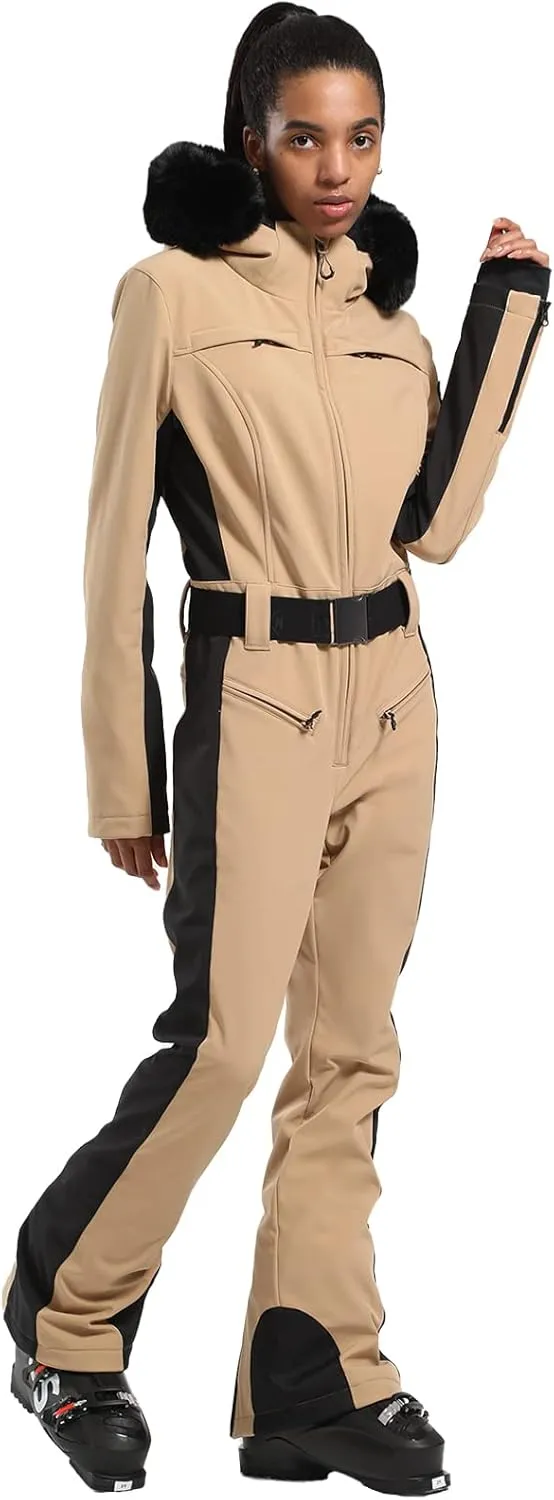 GSOU SNOW Ski Suit Womens One Piece Snowsuit Snowboard Jacket Slim Snow Jumpsuit Faux Fur Ski Outfit Waterproof Windproof