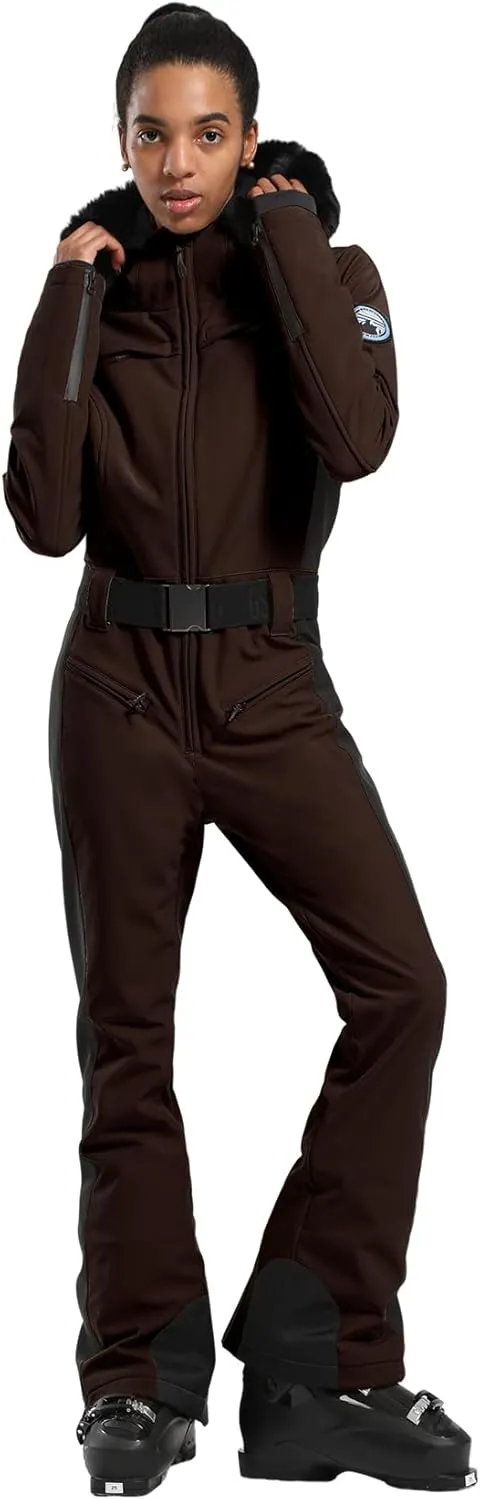 GSOU SNOW Ski Suit Womens One Piece Snowsuit Snowboard Jacket Slim Snow Jumpsuit Faux Fur Ski Outfit Waterproof Windproof