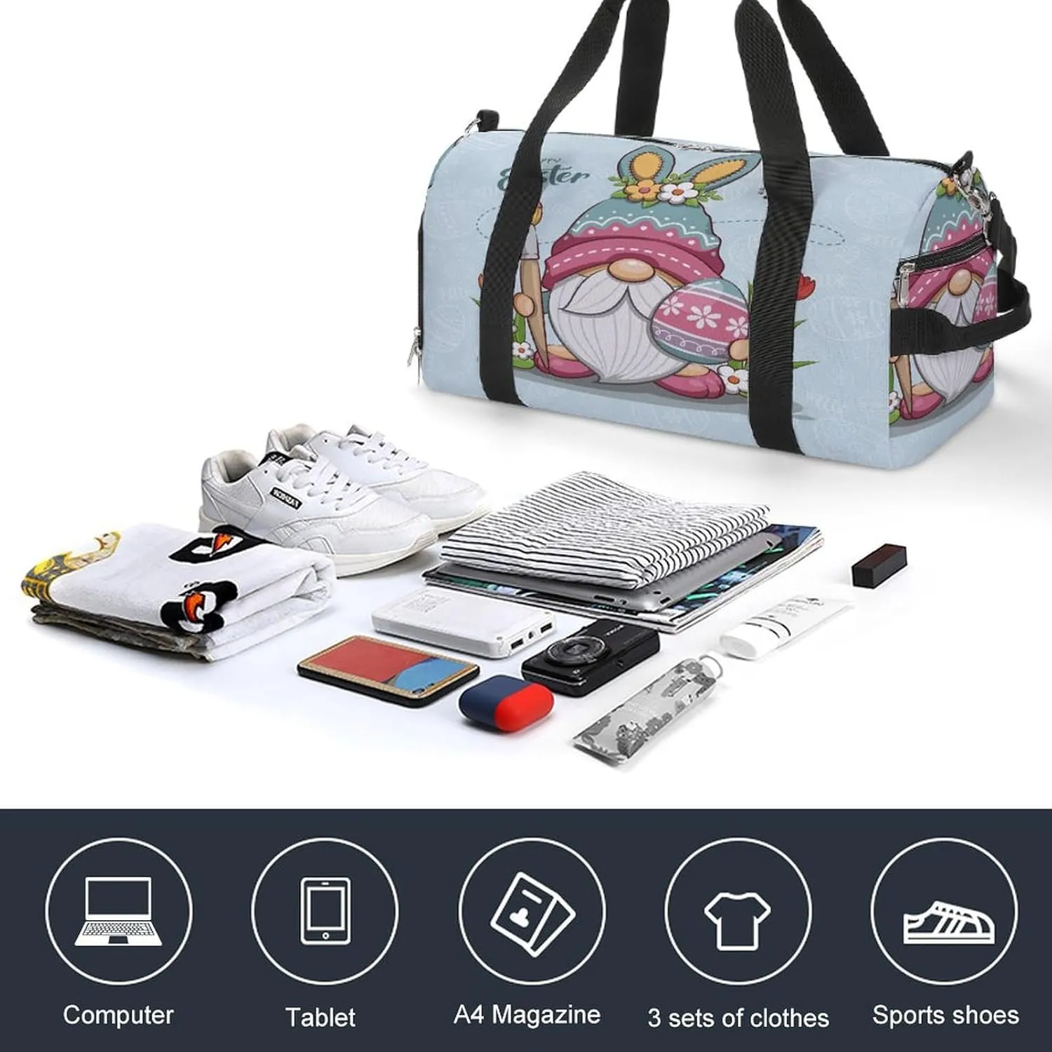 Gym Duffel Bag with Shoe Compartment Wet Pocket, Happy Easter Gnome Travel Bag for Men Women