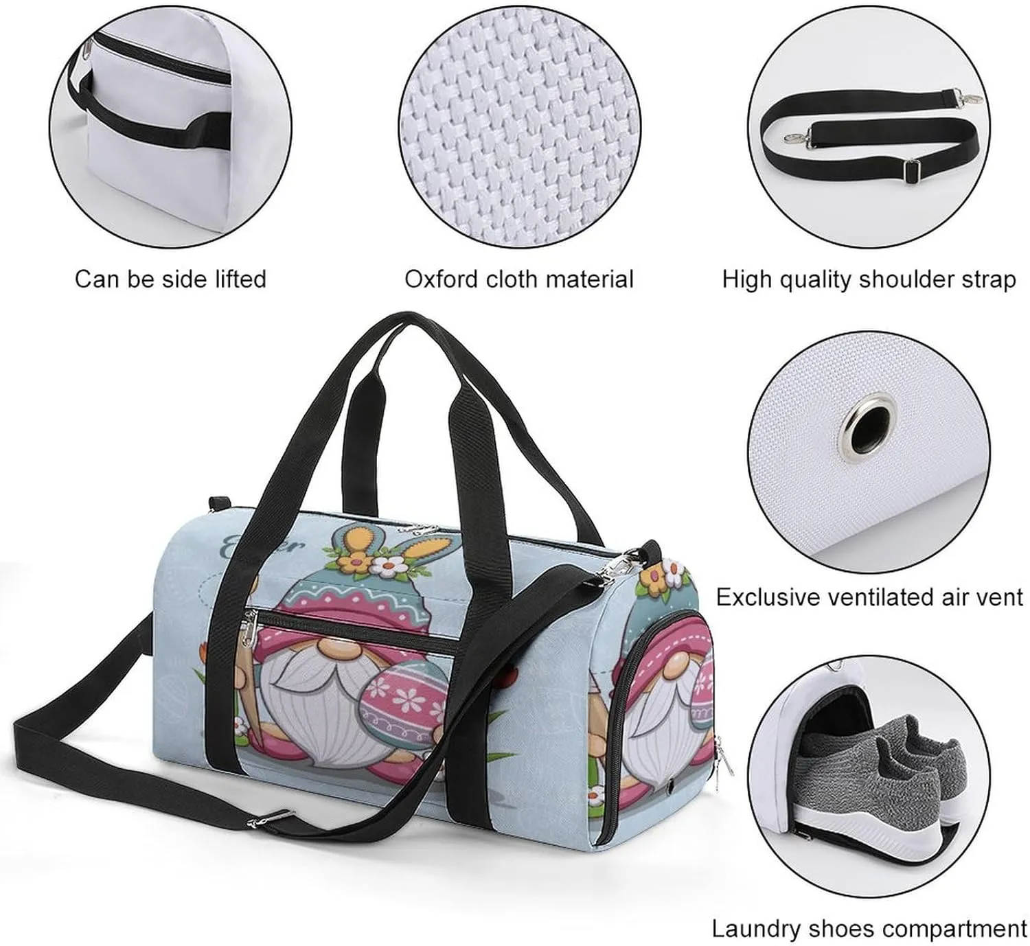 Gym Duffel Bag with Shoe Compartment Wet Pocket, Happy Easter Gnome Travel Bag for Men Women