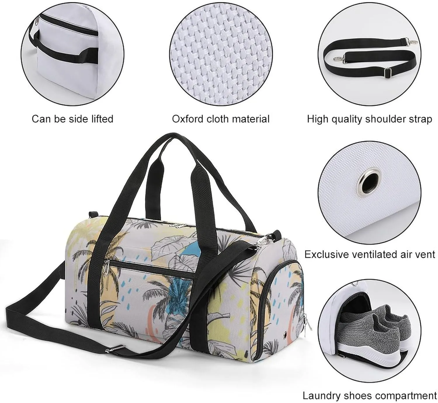 Gym Duffel Bag with Shoe Compartment Wet Pocket, Palms Trees Leaves Travel Bag for Men Women