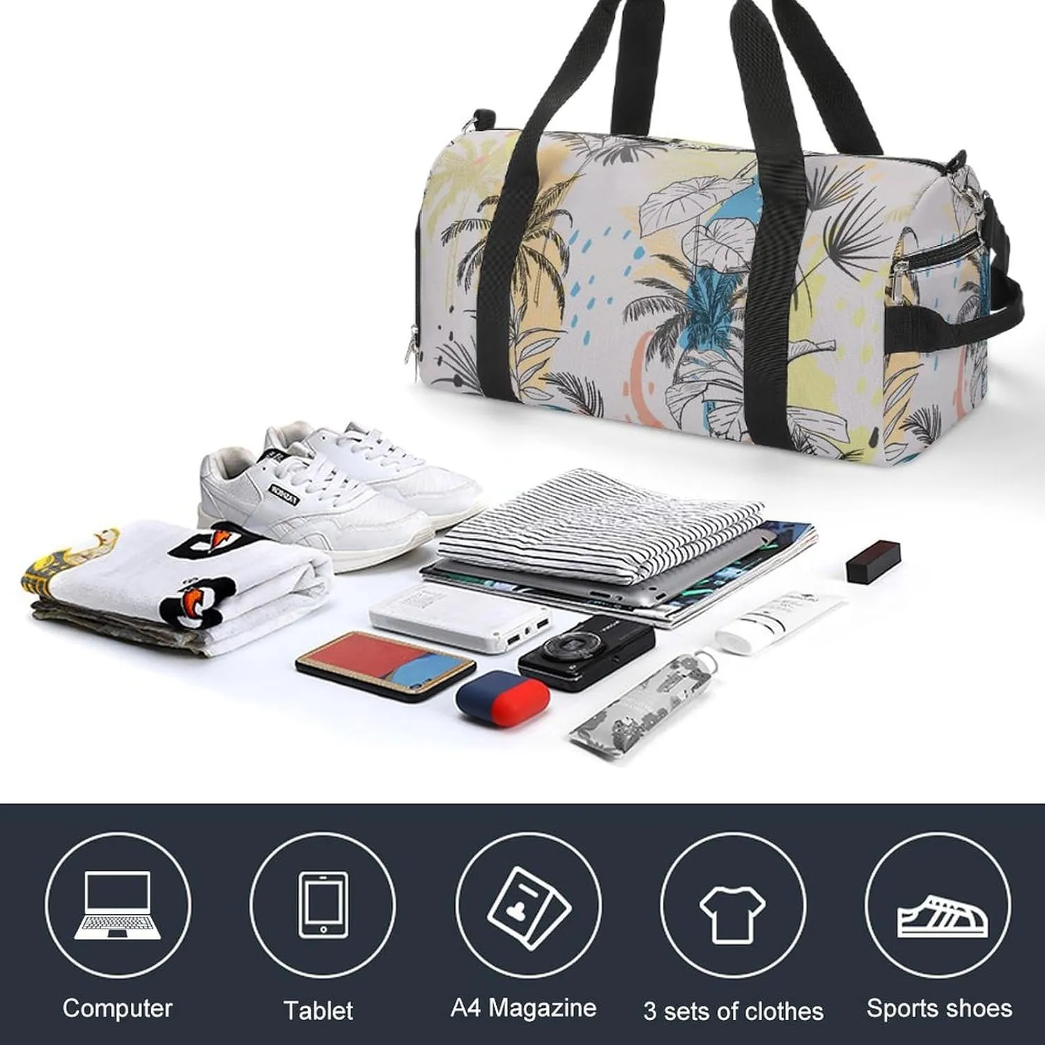 Gym Duffel Bag with Shoe Compartment Wet Pocket, Palms Trees Leaves Travel Bag for Men Women