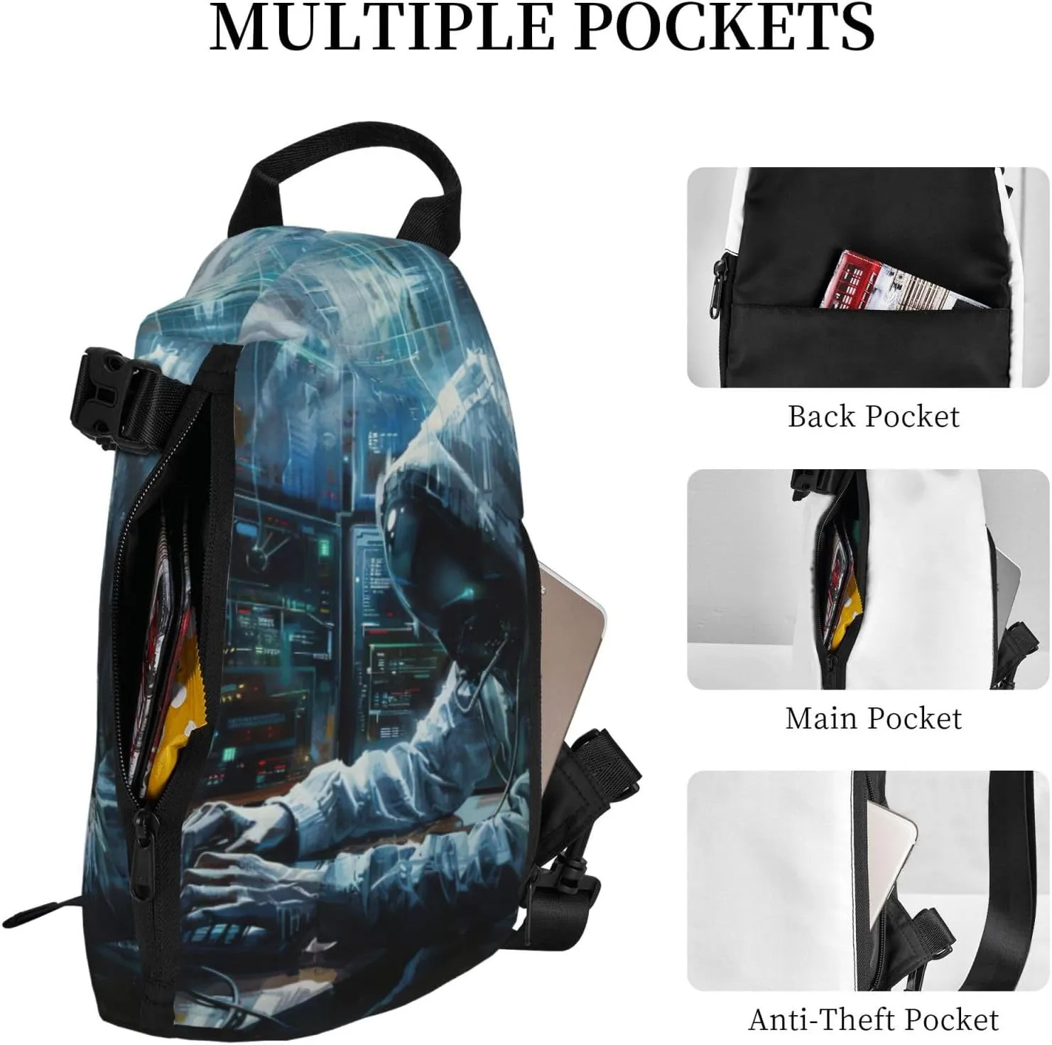 Hacker Attack Print Crossbody Backpack Casual Sling Bag Travel Lightweight, Adjustable Cross Bag