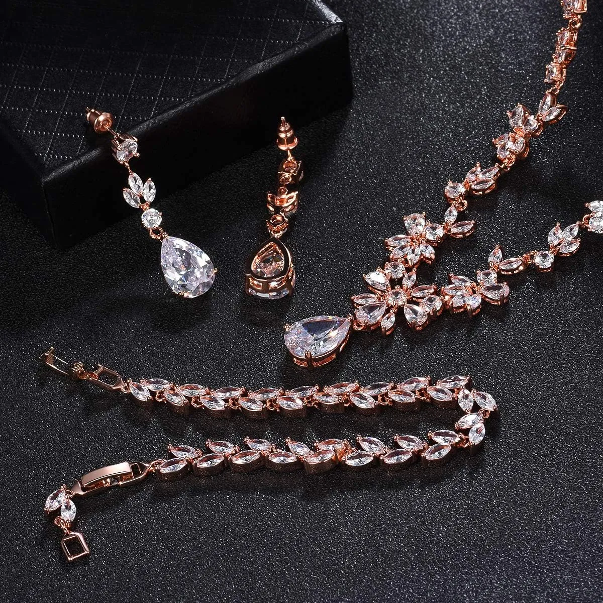 Hadskiss Jewelry Set for Women, Necklace Dangle Earrings Bracelet Set with White AAA Cubic Zirconia, Allergy Free Wedding Party Jewelry for Bridal Bridesmaid