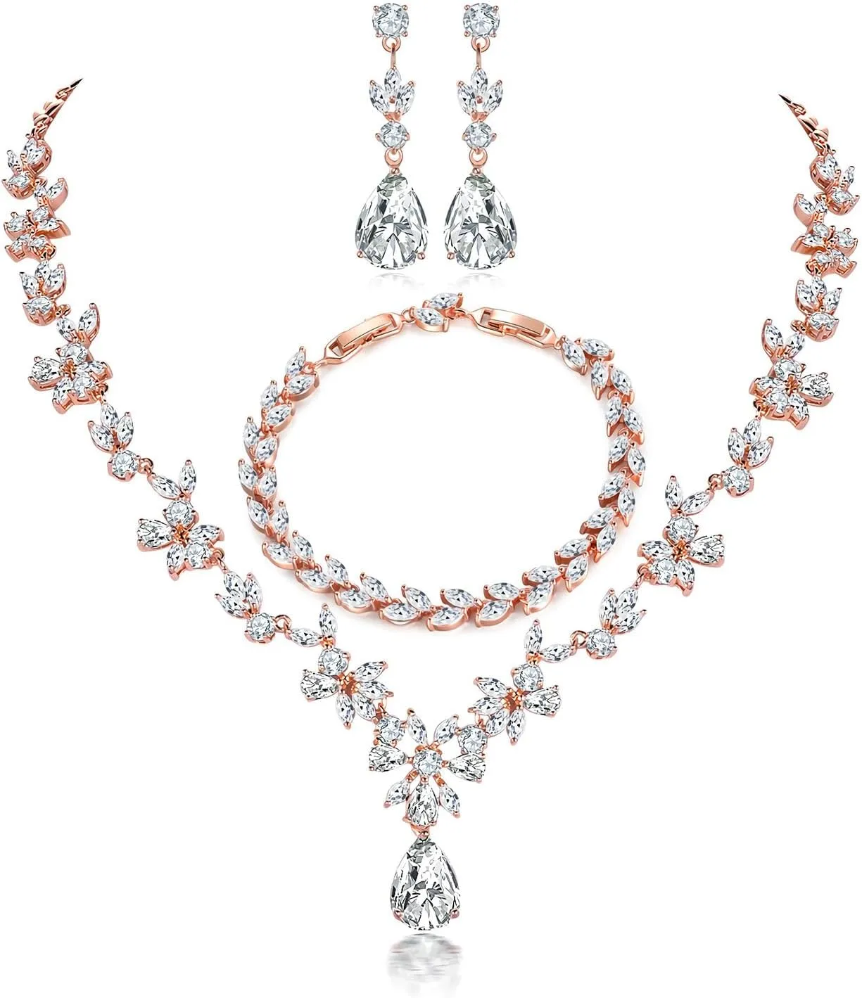 Hadskiss Jewelry Set for Women, Necklace Dangle Earrings Bracelet Set with White AAA Cubic Zirconia, Allergy Free Wedding Party Jewelry for Bridal Bridesmaid