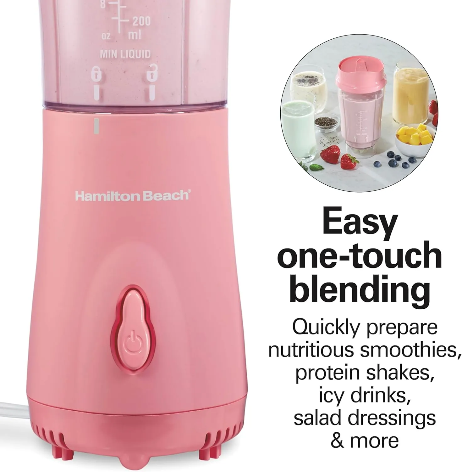 Hamilton Beach Portable Blender for Shakes and Smoothies with 14 Oz BPA Free Travel Cup and Lid, Durable Stainless Steel Blades for Powerful Blending Performance, Coral (51171)