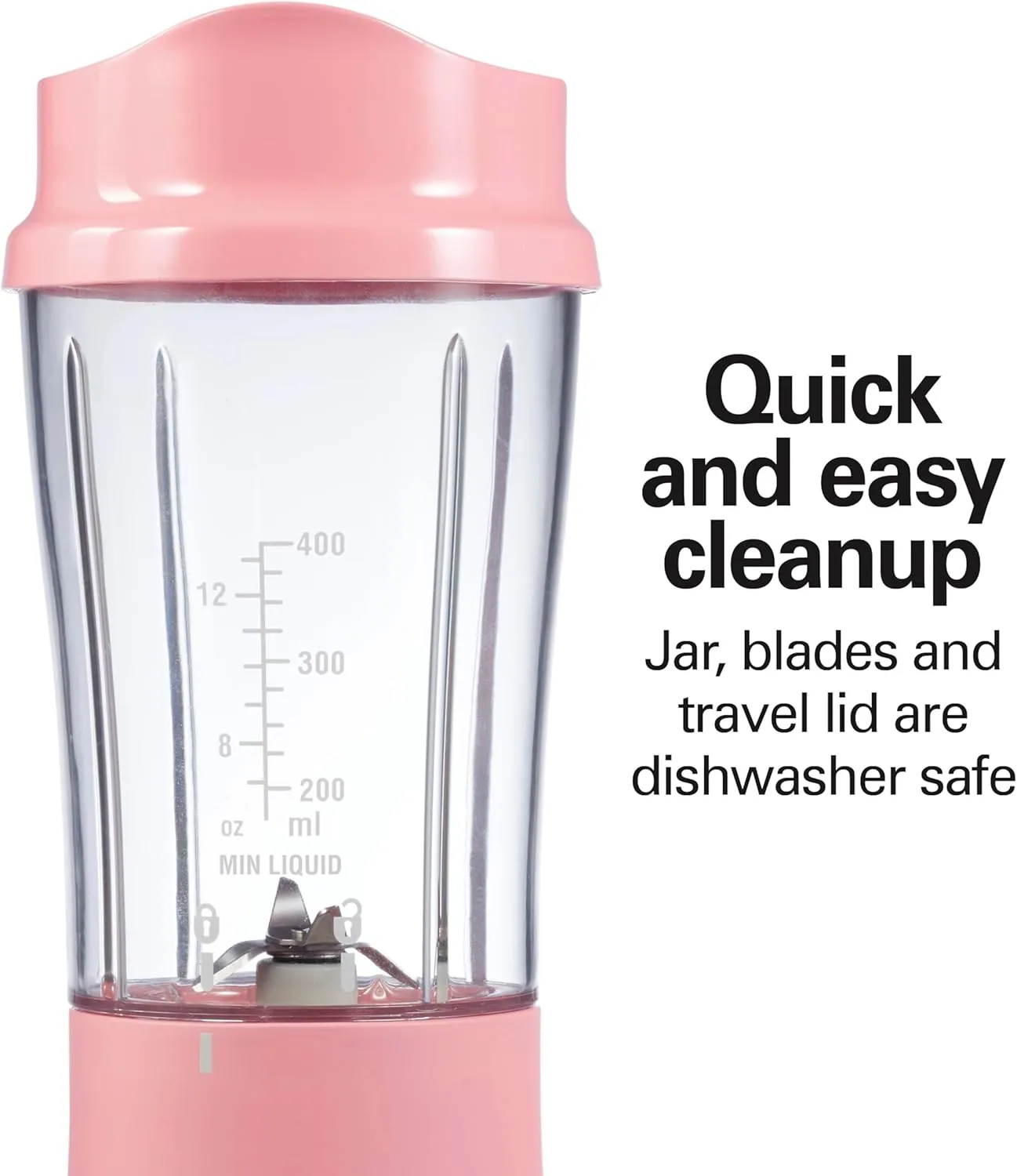 Hamilton Beach Portable Blender for Shakes and Smoothies with 14 Oz BPA Free Travel Cup and Lid, Durable Stainless Steel Blades for Powerful Blending Performance, Coral (51171)