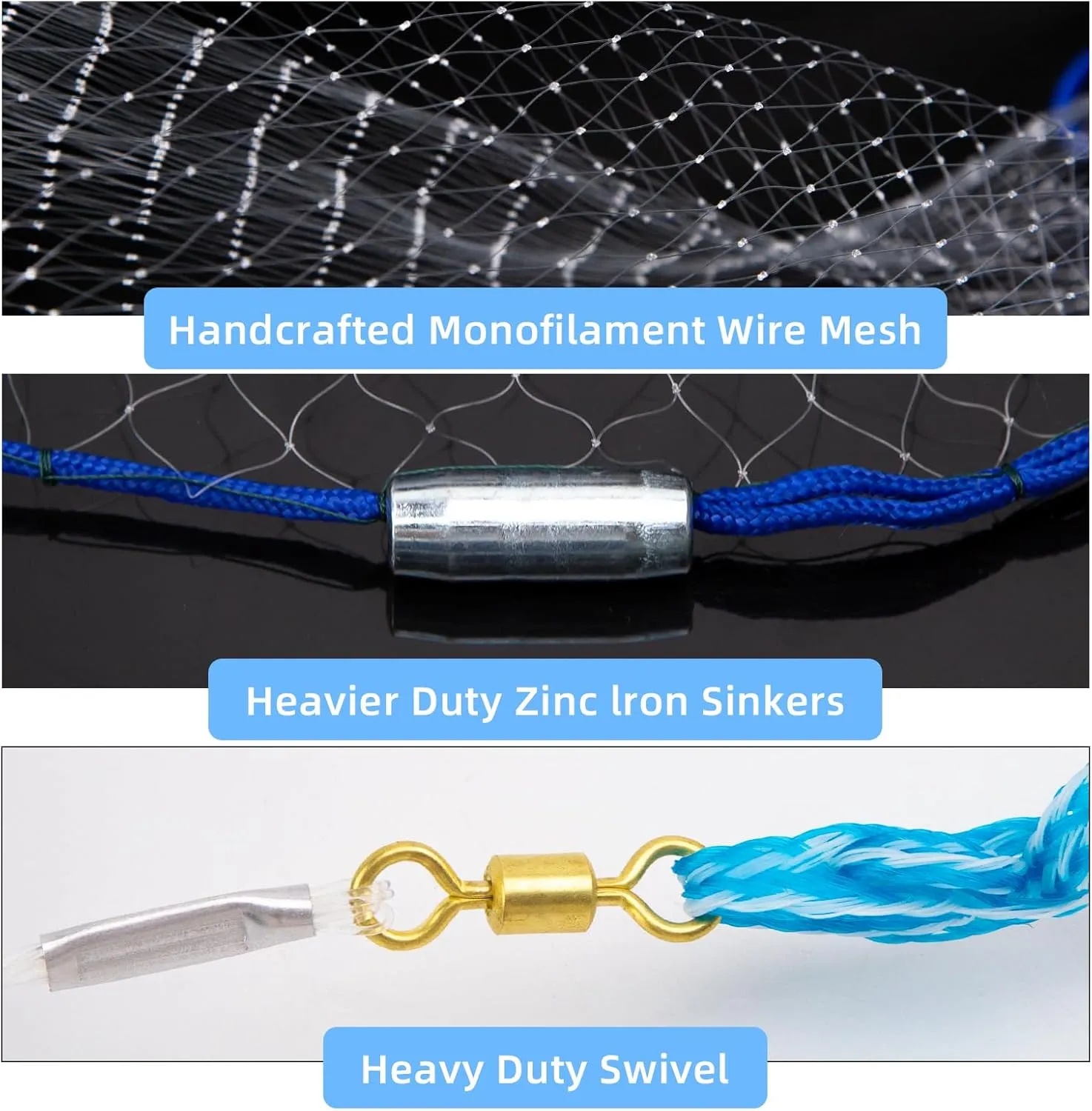 Handmade American Cast Net, BalanZze Casting Fishing Net for Bait Trap Fish, Throw Nets with Zinc Sinker Weights for Freshwater & Salt Water (3/4/5/6/8/9/10 Ft, 1/2 Inch Mesh Size)