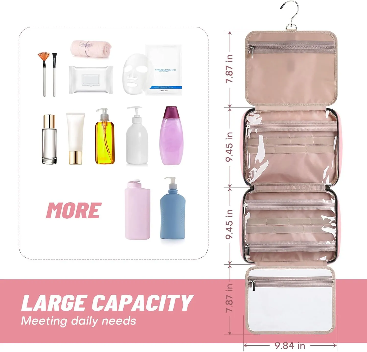Hanging Toiletry Bag 2 Pack Set, Make Up Bags for Women with Hanging Hook and Waterproof, Cosmetic Bags Organizer for Shampoo, Makeup Accessories, for Business Trips, Travel, Pink