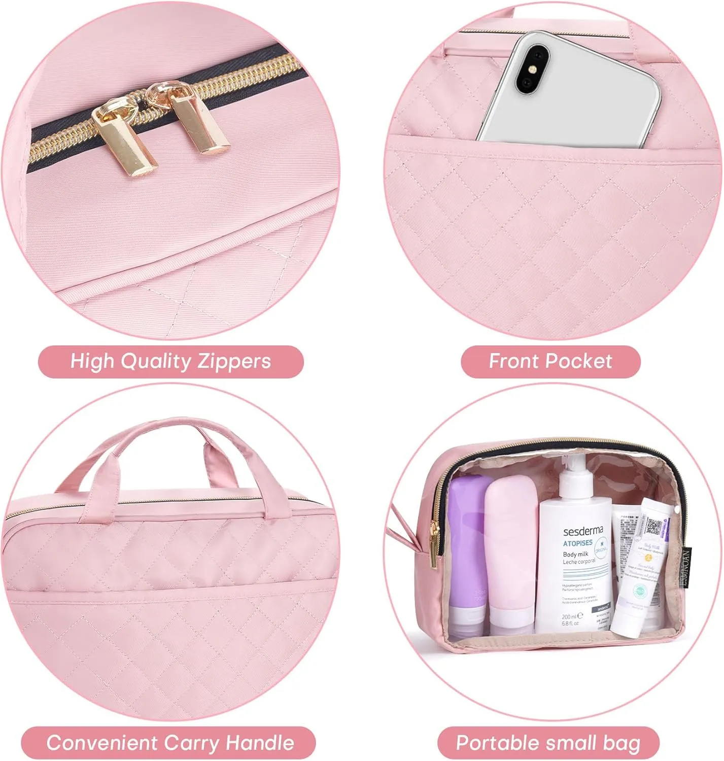 Hanging Toiletry Bag 2 Pack Set, Make Up Bags for Women with Hanging Hook and Waterproof, Cosmetic Bags Organizer for Shampoo, Makeup Accessories, for Business Trips, Travel, Pink