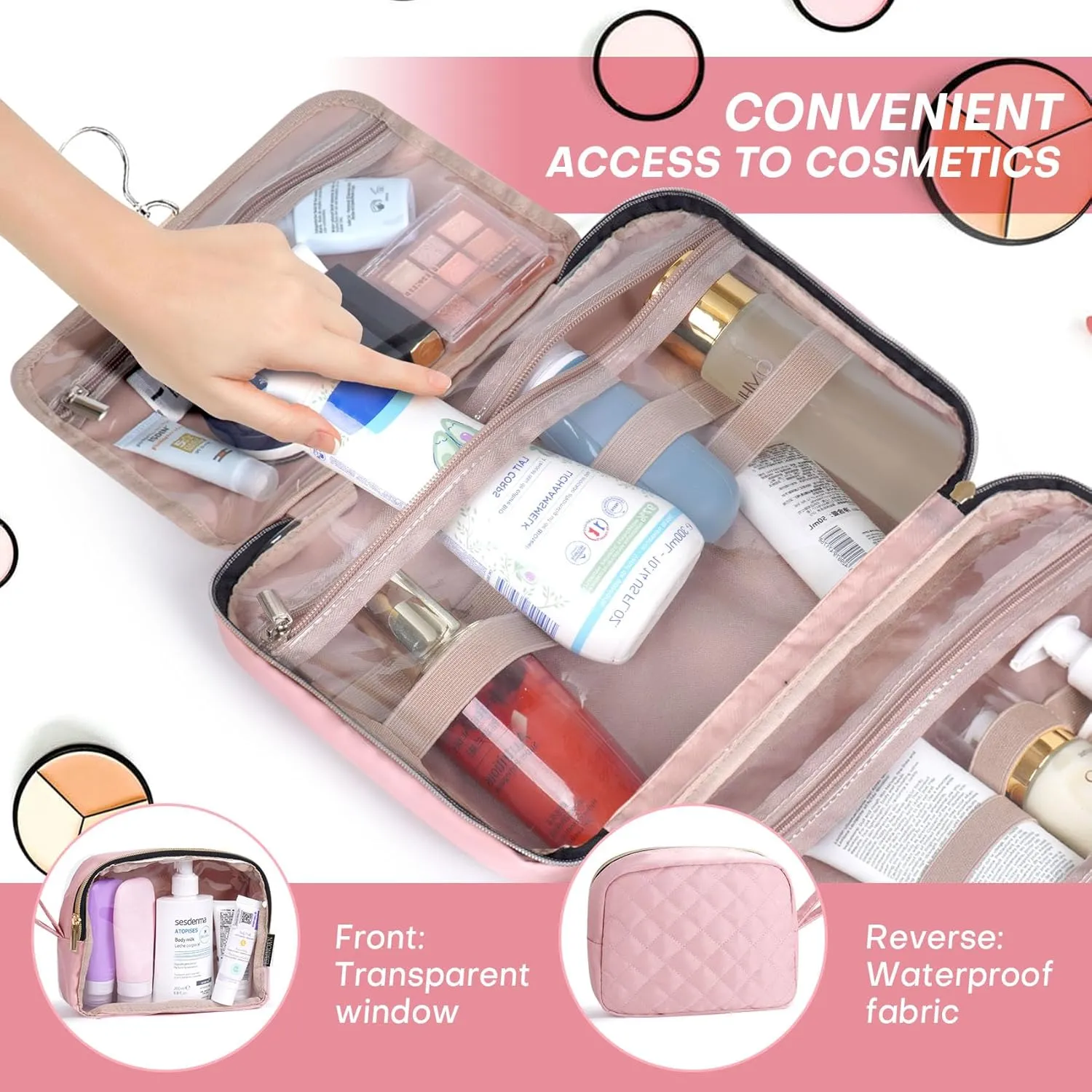 Hanging Toiletry Bag 2 Pack Set, Make Up Bags for Women with Hanging Hook and Waterproof, Cosmetic Bags Organizer for Shampoo, Makeup Accessories, for Business Trips, Travel, Pink