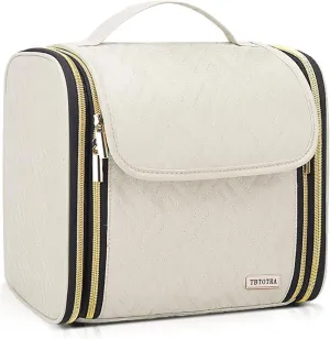 Hanging Toiletry Bag & Makeup Bag for Women with Jewelry Organizer - TSA Approved Large Capacity Travel Cosmetic Organizer, Waterproof Shower Essentials Case with Transparent Pockets, Beige