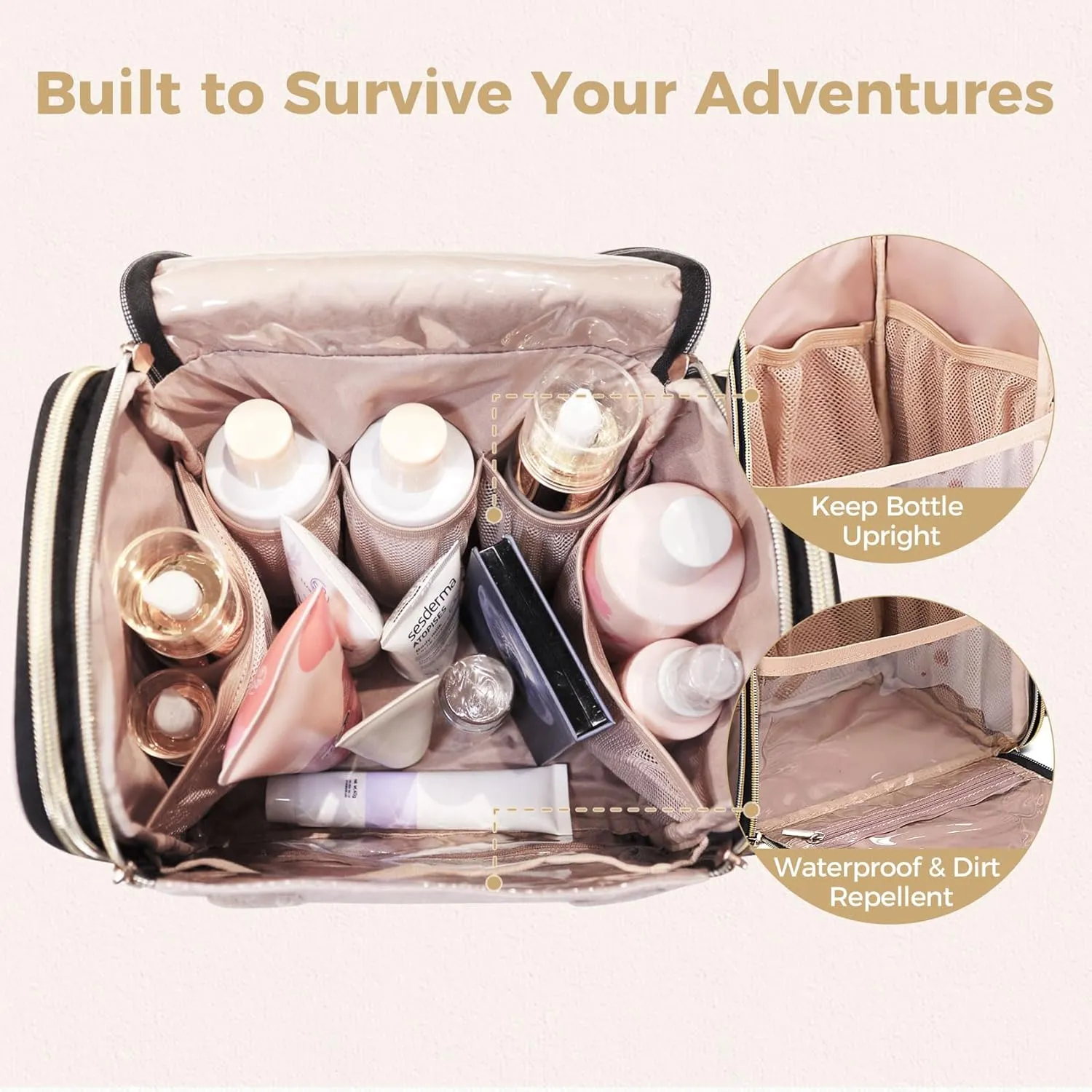 Hanging Toiletry Bag & Makeup Bag for Women with Jewelry Organizer - TSA Approved Large Capacity Travel Cosmetic Organizer, Waterproof Shower Essentials Case with Transparent Pockets, Beige