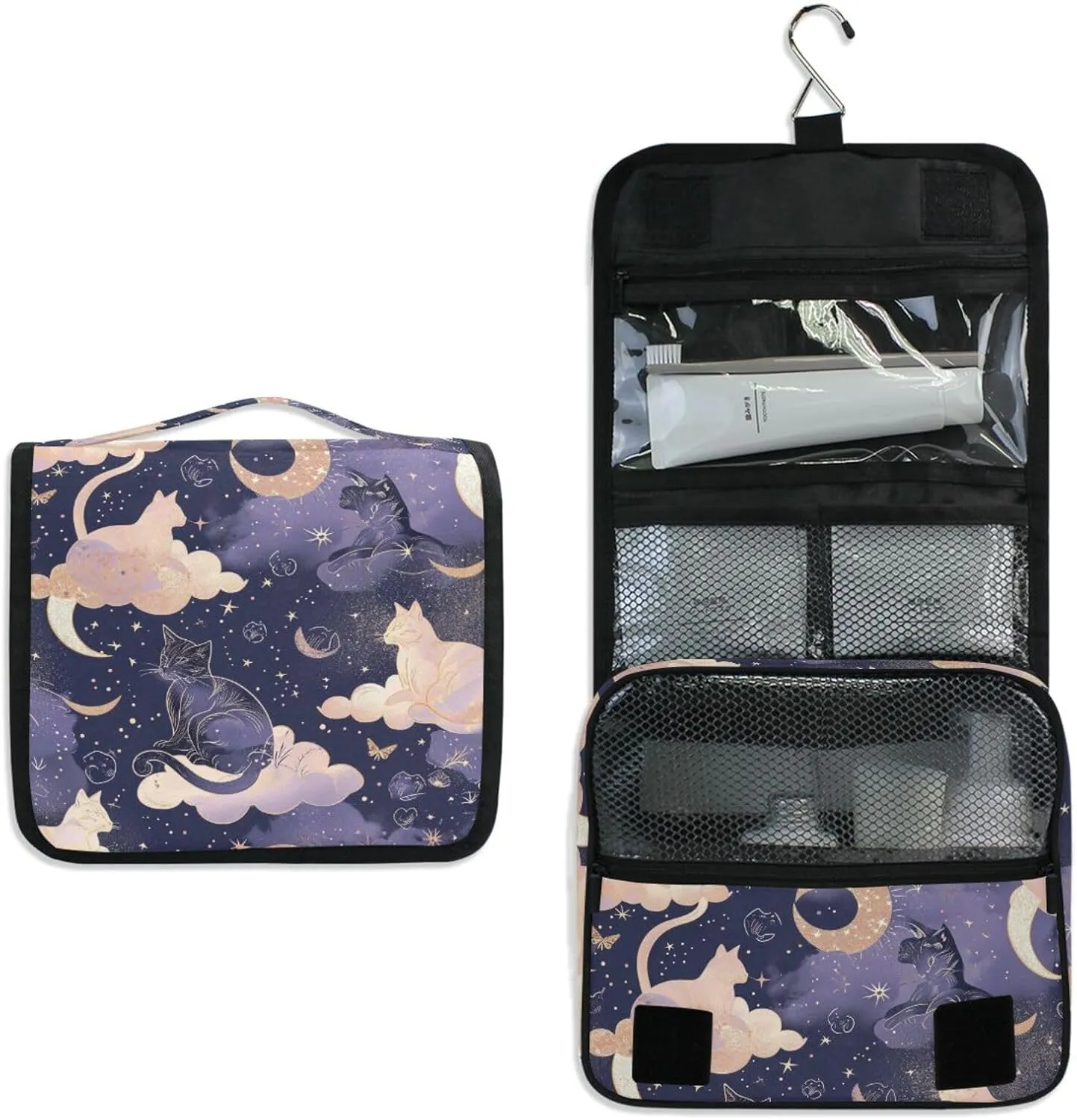 Hanging Toiletry Bag Cat Moon Travel Makeup bag for Toiletries Portable Travel Toiletry Organizer Cosmetic Bags with Hanging Hook
