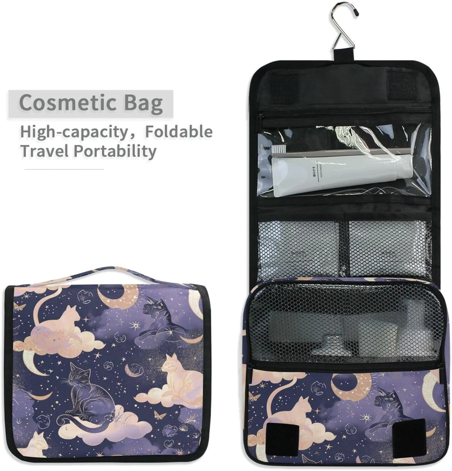 Hanging Toiletry Bag Cat Moon Travel Makeup bag for Toiletries Portable Travel Toiletry Organizer Cosmetic Bags with Hanging Hook