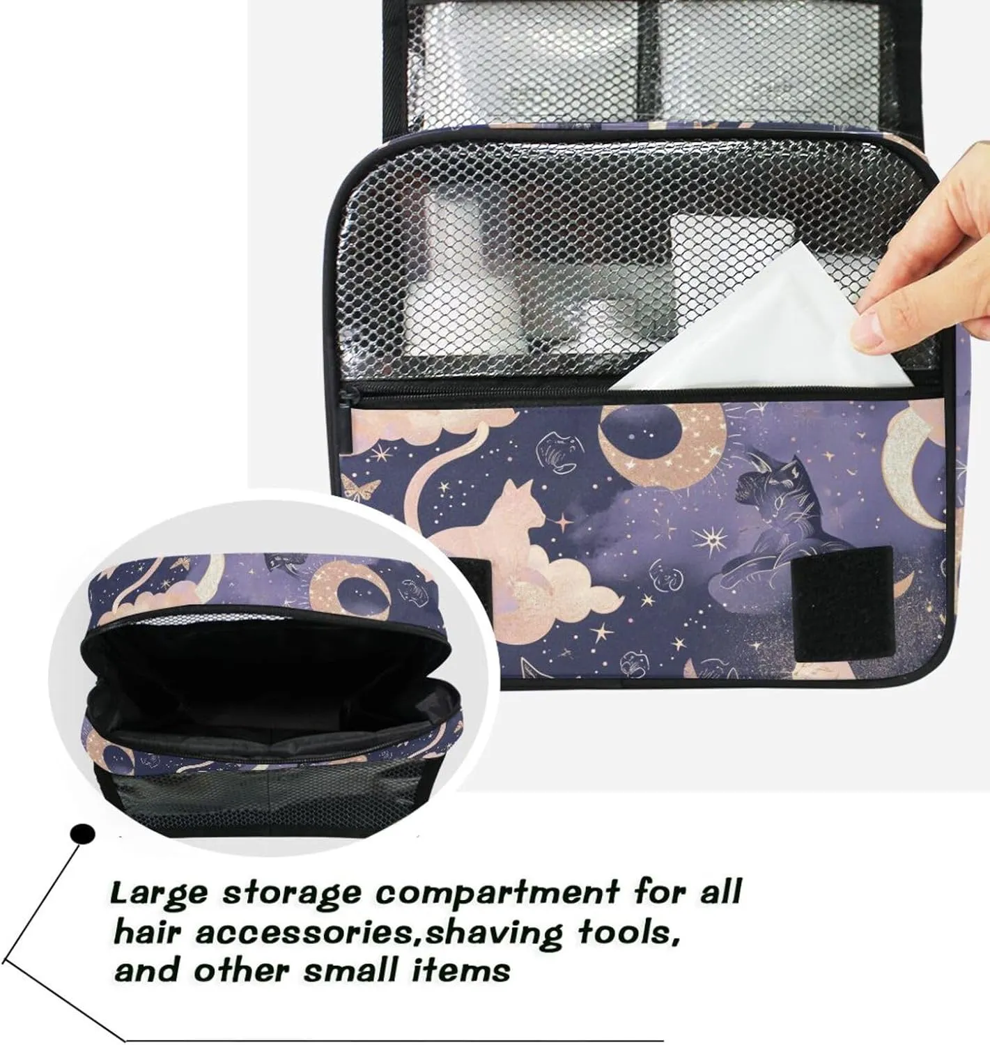 Hanging Toiletry Bag Cat Moon Travel Makeup bag for Toiletries Portable Travel Toiletry Organizer Cosmetic Bags with Hanging Hook