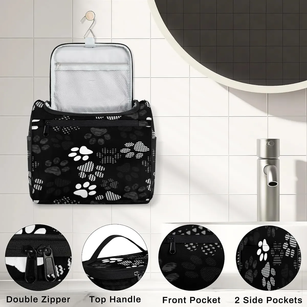 Hanging Toiletry Bag Cats and Dogs Paw for Women Girls, Cosmetic Makeup Bag with Multi Compartments, Portable Travel Bag Organizer Large for Toiletries Accessories
