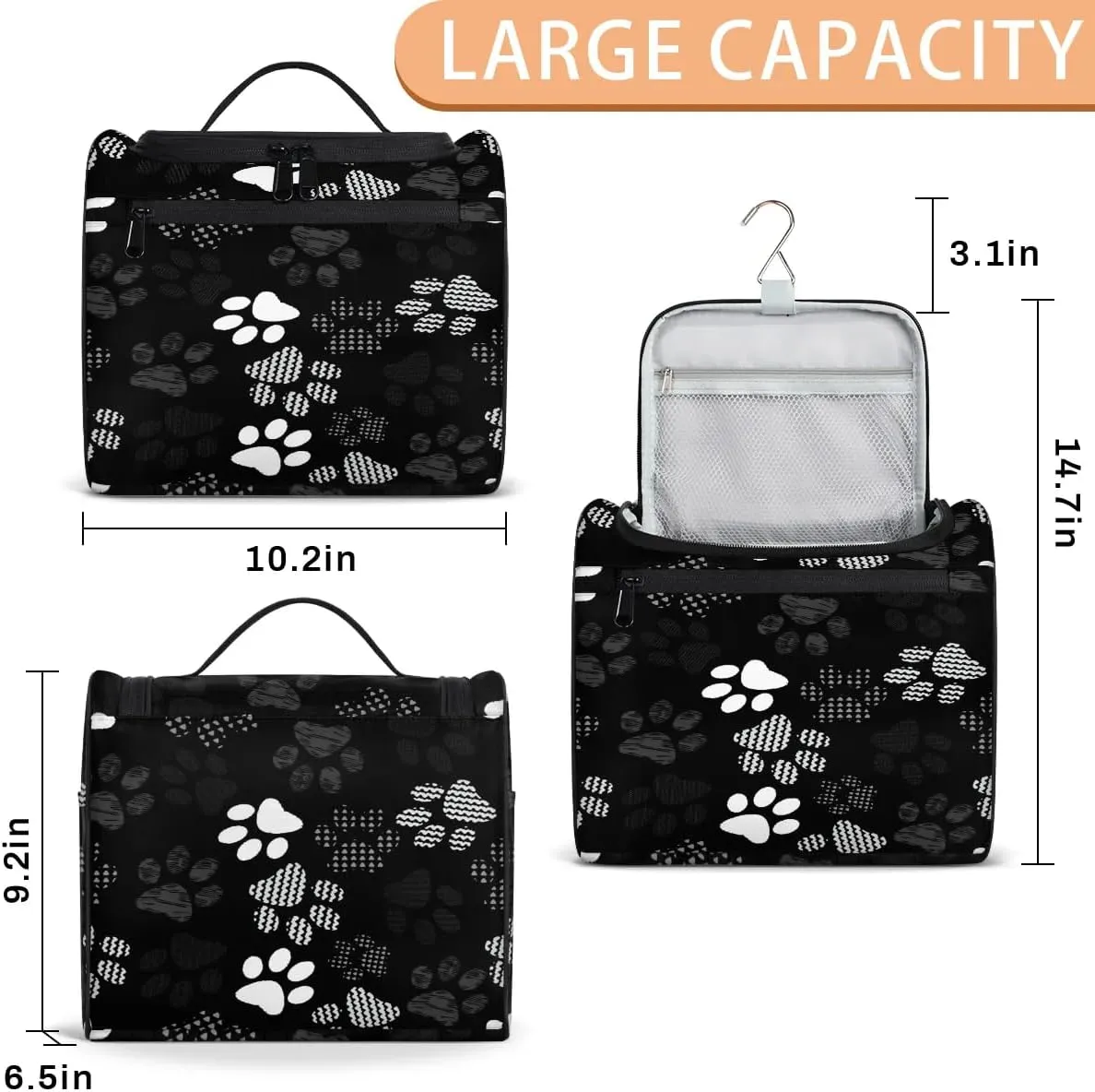 Hanging Toiletry Bag Cats and Dogs Paw for Women Girls, Cosmetic Makeup Bag with Multi Compartments, Portable Travel Bag Organizer Large for Toiletries Accessories