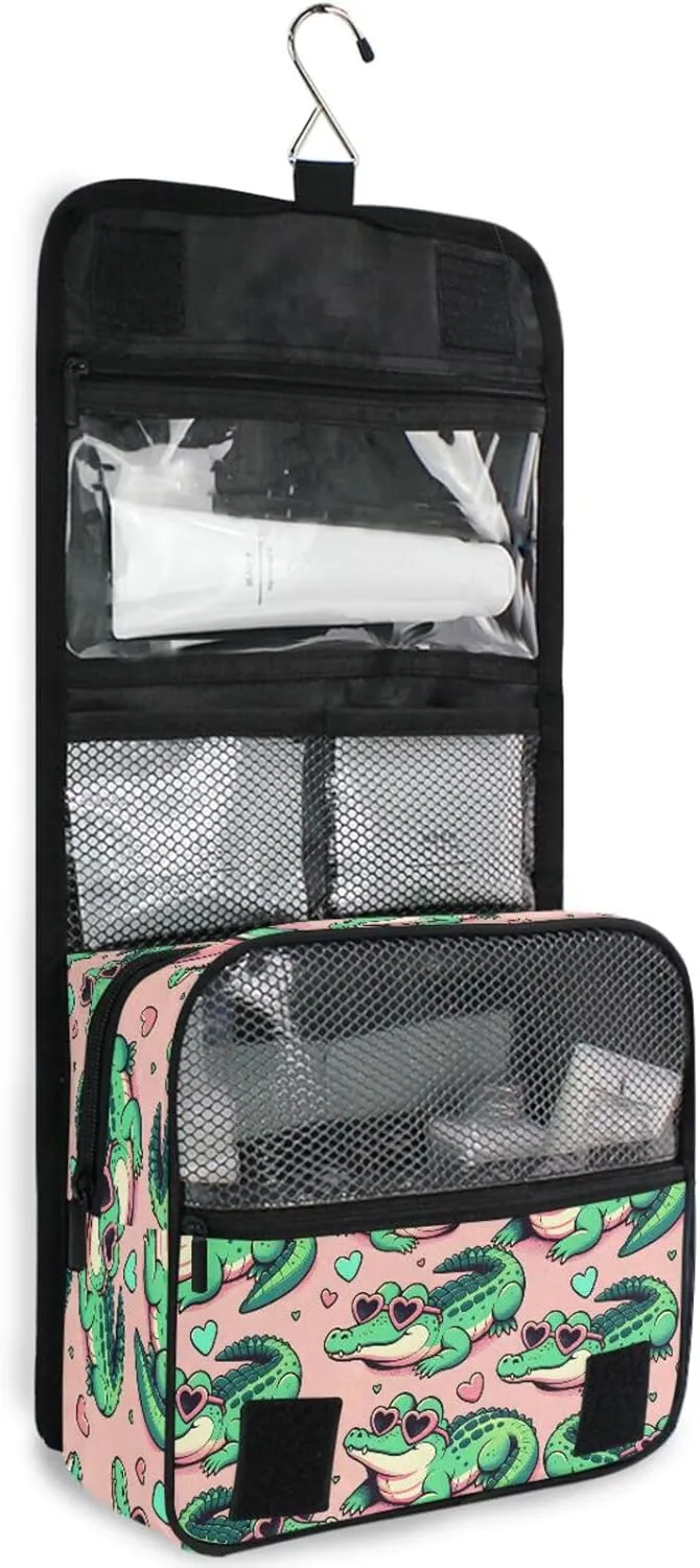 Hanging Toiletry Bag Cute Cartoon Alligator Crocodiles Travel Makeup bag for Toiletries Portable Travel Toiletry Organizer Cosmetic Bags with Hanging Hook