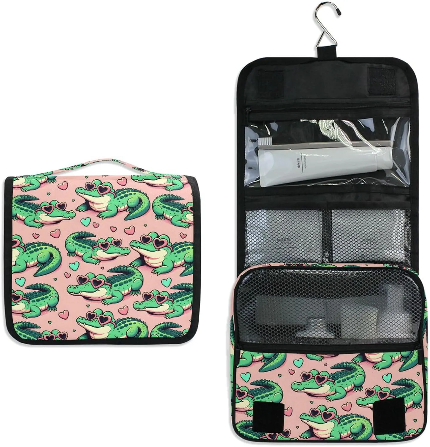 Hanging Toiletry Bag Cute Cartoon Alligator Crocodiles Travel Makeup bag for Toiletries Portable Travel Toiletry Organizer Cosmetic Bags with Hanging Hook