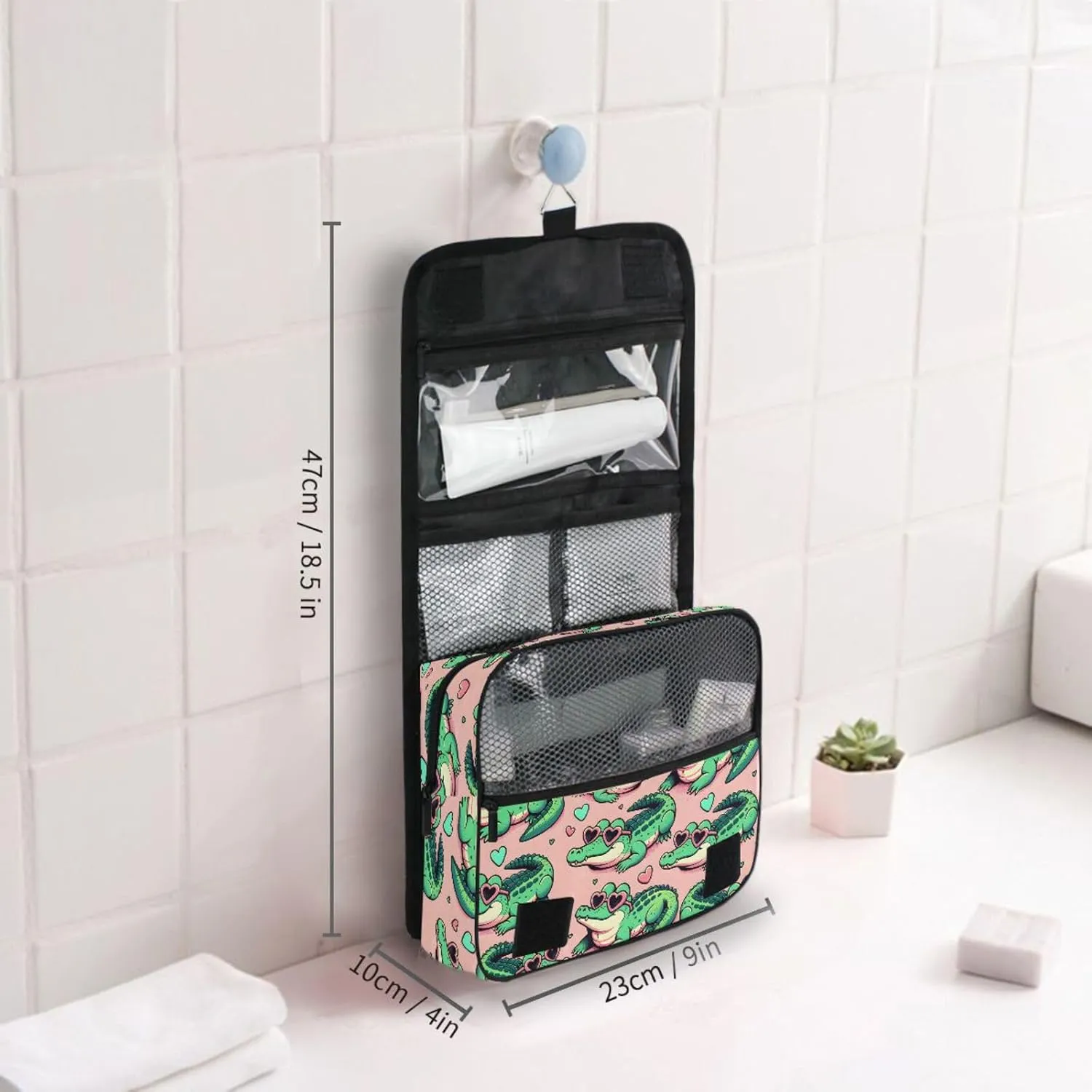 Hanging Toiletry Bag Cute Cartoon Alligator Crocodiles Travel Makeup bag for Toiletries Portable Travel Toiletry Organizer Cosmetic Bags with Hanging Hook